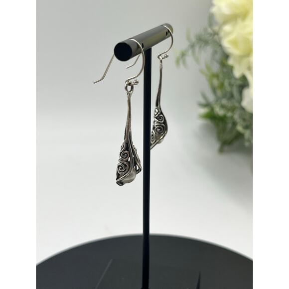 Sterling Silver .925 Calla Lily White Pearl Drop Dangle Pierced Earrings - Picture 4 of 11